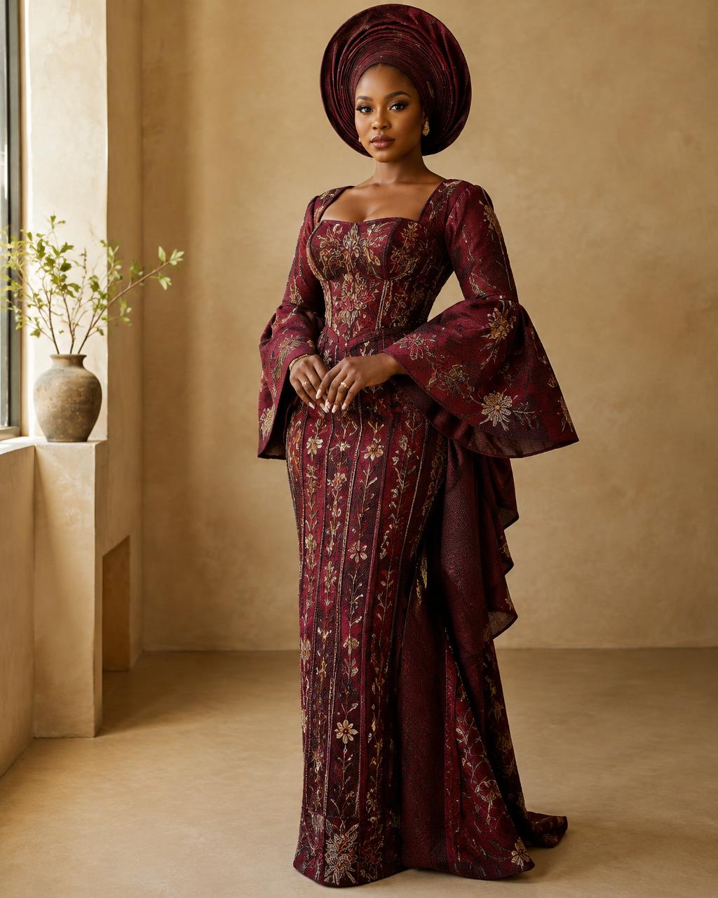 Oxblood aso-oke gown with gele